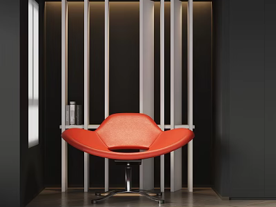 Modern Red Accent Chair Featuring Curved Design Metal Base And Vertical Slat Wall Panel 3d model