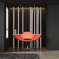 Modern Red Accent Chair Featuring Curved Design Metal Base And Vertical Slat Wall Panel