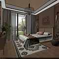 Cozy Hotel Guest Room Interior With Wooden Elements Chandelier Decorative Painting And Area Rug