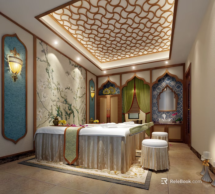 Beauty Salon Elegant Interior With Massage Bed Decorative Walls Mirror Stools And Ceiling Design 3d model 