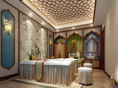 Beauty Salon Elegant Interior With Massage Bed Decorative Walls Mirror Stools And Ceiling Design 3d model