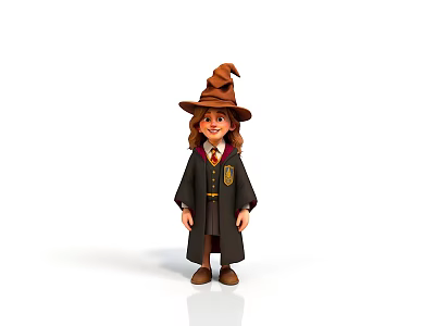 Man In Wizard Costume With Pointed Hat Black Robe And Badge Standing 3d model