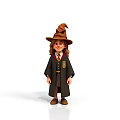 Man In Wizard Costume With Pointed Hat Black Robe And Badge Standing