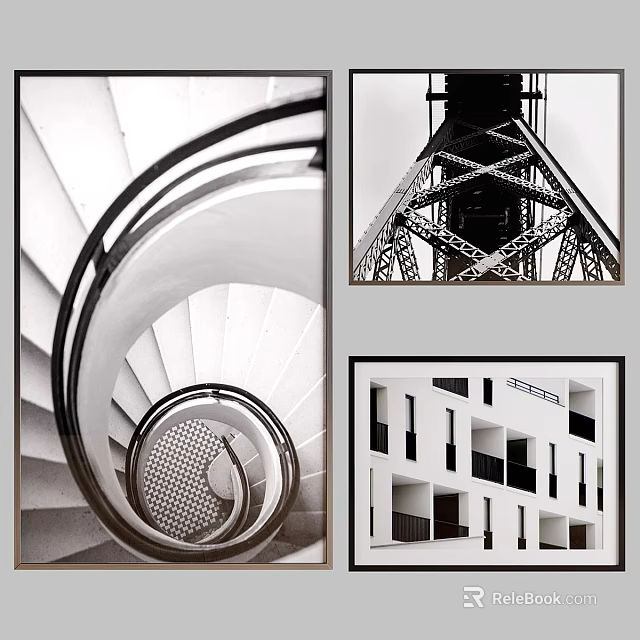 Black and White Picture Frames Featuring Spiral Staircase Eiffel Tower And Building Facade 3d model
