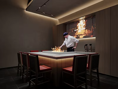 Private Dining Booth Interior with Chef Preparing Over Flames Square Countertop Wooden Chairs 3d model