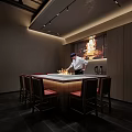 Private Dining Booth Interior with Chef Preparing Over Flames Square Countertop Wooden Chairs