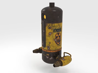 Rusty Radioactive Storage Tank With Warning Symbols And Worn Yellow Valves Design 3d model