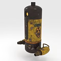 Rusty Radioactive Storage Tank With Warning Symbols And Worn Yellow Valves Design