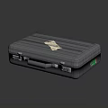 Elegant Metallic Silver Suitcase With Striped Design Emblem And Green Tag