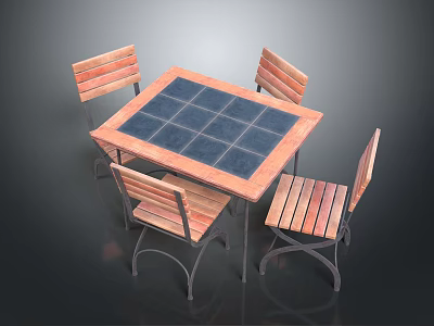 Modern Outdoor Table With Square Tile Top And Four Wooden Striped Chairs For Patio 3d model