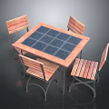 Modern Outdoor Table With Square Tile Top And Four Wooden Striped Chairs For Patio