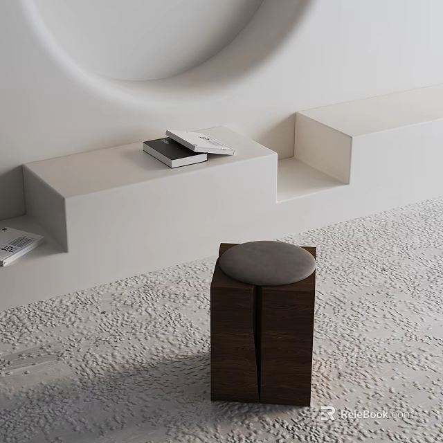 Dark Side Table With Round Gray Cushion Top White Low Cabinet On Light Textured Floor 3d model 