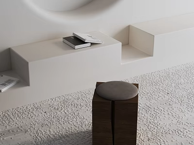 Dark Side Table With Round Gray Cushion Top White Low Cabinet On Light Textured Floor 3d model
