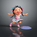 3D Cartoon Woman With Pigtails Colorful Ribbons White Pink Dress Arms Outstretched On Purple Object