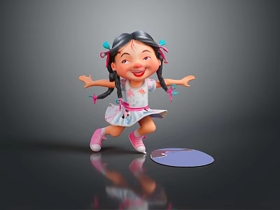 3D Cartoon Woman With Pigtails Colorful Ribbons White Pink Dress Arms Outstretched On Purple Object 3d model
