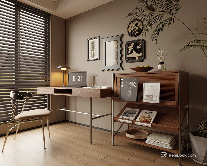 Cozy Home Office With Wooden Desk Chair Table Lamp Bookshelf Wall Art And Window Blinds 3d model 