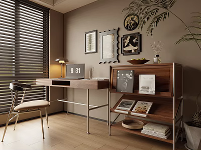 Cozy Home Office With Wooden Desk Chair Table Lamp Bookshelf Wall Art And Window Blinds 3d model