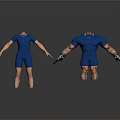 Headless 3D Character Models In Blue Jumpsuit With Mechanical Arms Weapons And Dynamic Pose