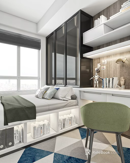 Tatami Bedroom Interior Design With Storage Bed Desk Books And Natural Light 3d model 