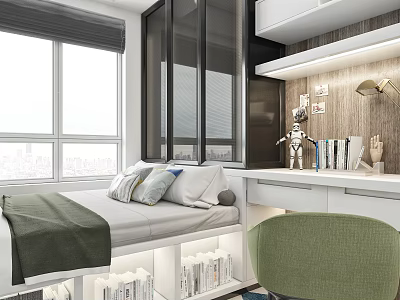 Tatami Bedroom Interior Design With Storage Bed Desk Books And Natural Light 3d model