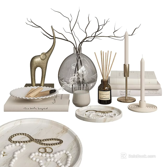 Decorative Ornament Set Featuring Golden Elephant Glass Vase Reed Diffuser Candle And Marble Trays 3d model 