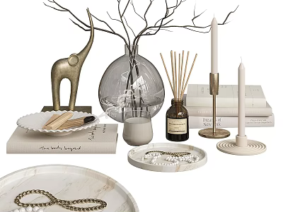 Decorative Ornament Set Featuring Golden Elephant Glass Vase Reed Diffuser Candle And Marble Trays 3d model