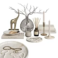 Decorative Ornament Set Featuring Golden Elephant Glass Vase Reed Diffuser Candle And Marble Trays