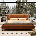 Cozy Bedroom Interior With Orange Tufted Headboard Bed Large Windows And Snowy Trees View