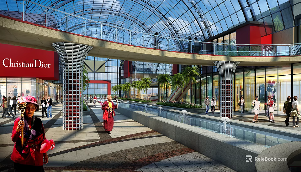 Spacious Shopping Mall Lobby Featuring Glass Dome Walkway Palm Trees Fountains And Dior Storefronts 3d model 