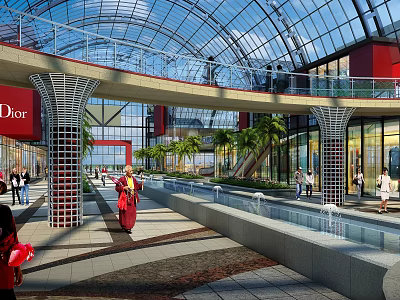 Spacious Shopping Mall Lobby Featuring Glass Dome Walkway Palm Trees Fountains And Dior Storefronts 3d model