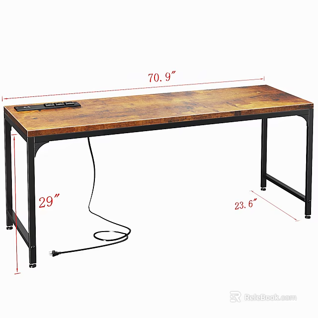 Industrial Office Desk with Wooden Top Black Metal Legs 70.9 Inch Length Built-in Power Outlet 3d model 