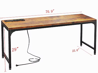 Industrial Office Desk with Wooden Top Black Metal Legs 70.9 Inch Length Built-in Power Outlet 3d model