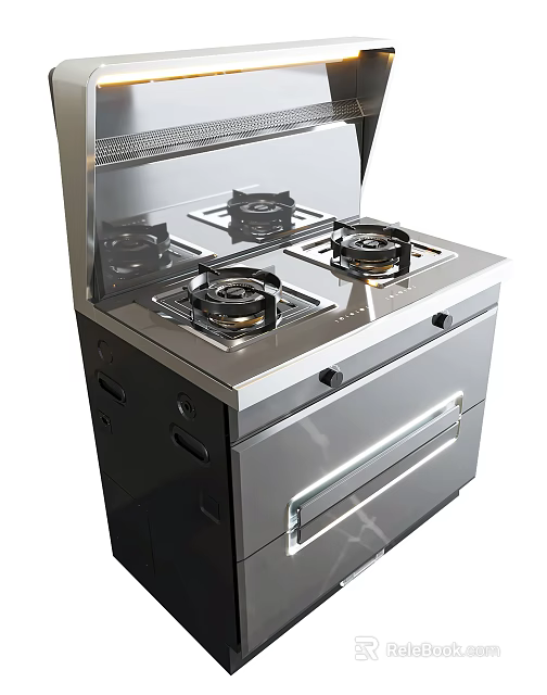 Stainless Steel Kitchen Cooker With Four Gas Burners And Storage Drawers 3d model 