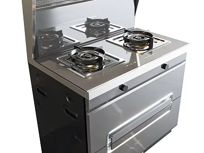 Stainless Steel Kitchen Cooker With Four Gas Burners And Storage Drawers 3d model