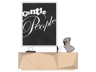 Gentle People Artwork On Wall Above Modern TV Stand With Decorative Dog Figure And Ornament 3d model