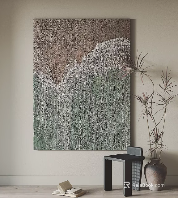 Modern Interior With Abstract Wall Art Green Plant And Small Table 3d model