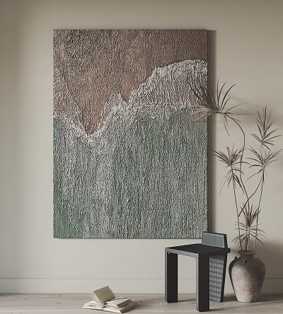 Modern Interior With Abstract Wall Art Green Plant And Small Table 3d model
