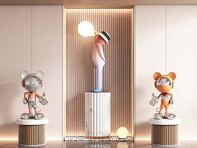 Artistic Sculptures Display Bear Shaped Figures Standing Sculpture On Marble Pedestals Wooden Striped Wall Lighting 3d model