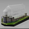Transparent Architectural Building Model with Red Brick Base Green Grass and White Columns