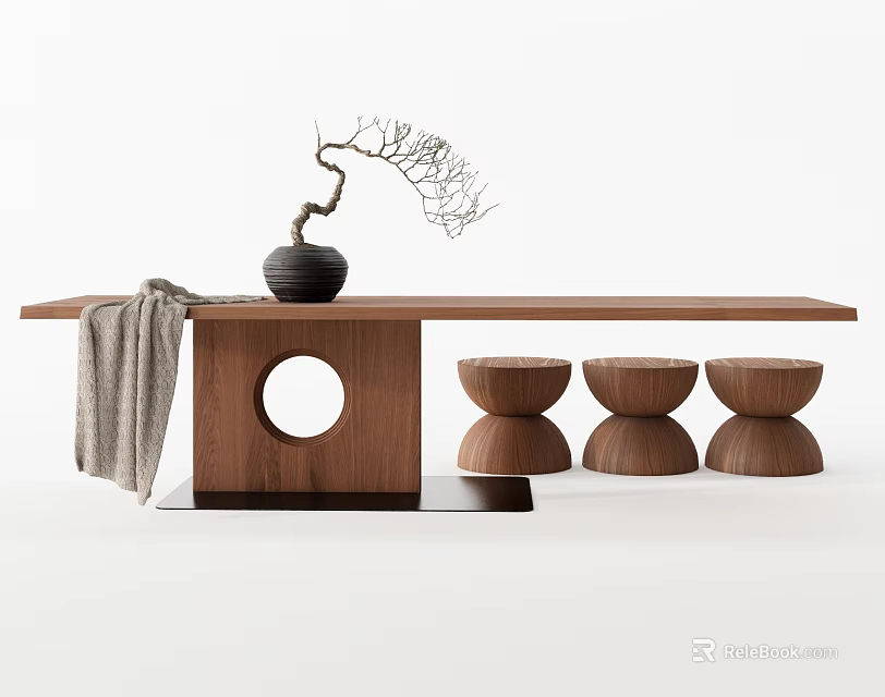 Wooden Long Tea Table With Low Stools Decorative Vase And Throw Blanket 3d model