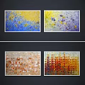 Abstract Oil Paintings Triptych With Blue Gray Gold Tones Hanging On Dark Wall