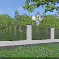 Outdoor Metal Fence With White Pillars Surrounded By Green Trees And Flowers Under Blue Sky