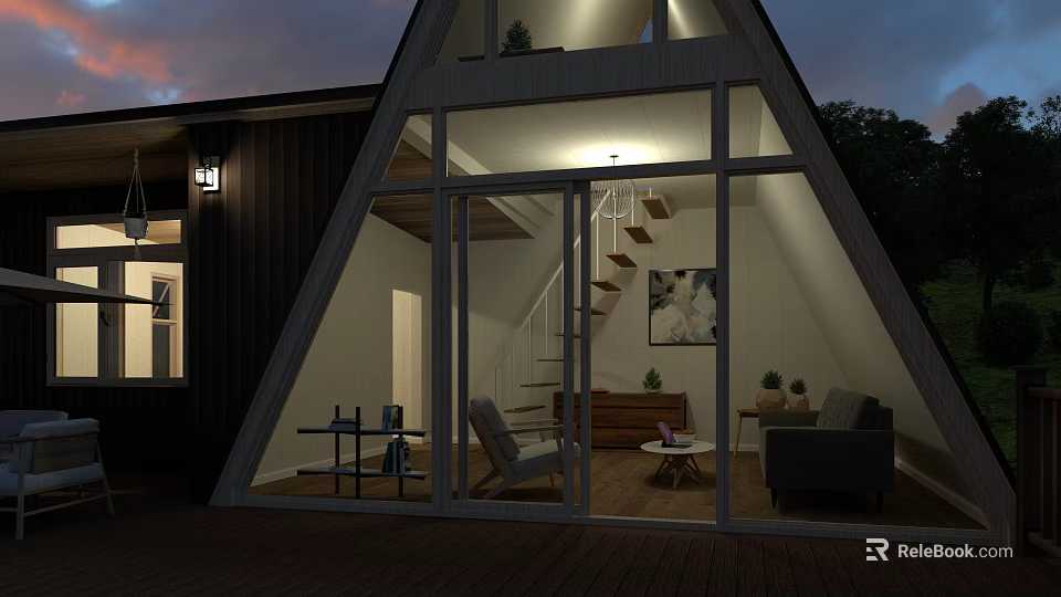 Cozy A Frame Wooden House Interior With Large Glass Windows Staircase And Sofa 3d model 