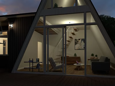 Cozy A Frame Wooden House Interior With Large Glass Windows Staircase And Sofa 3d model