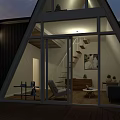 Cozy A Frame Wooden House Interior With Large Glass Windows Staircase And Sofa