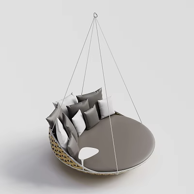 Round Hanging Chair With Gray Cushion White Gray Pillows And Woven Frame 3d model