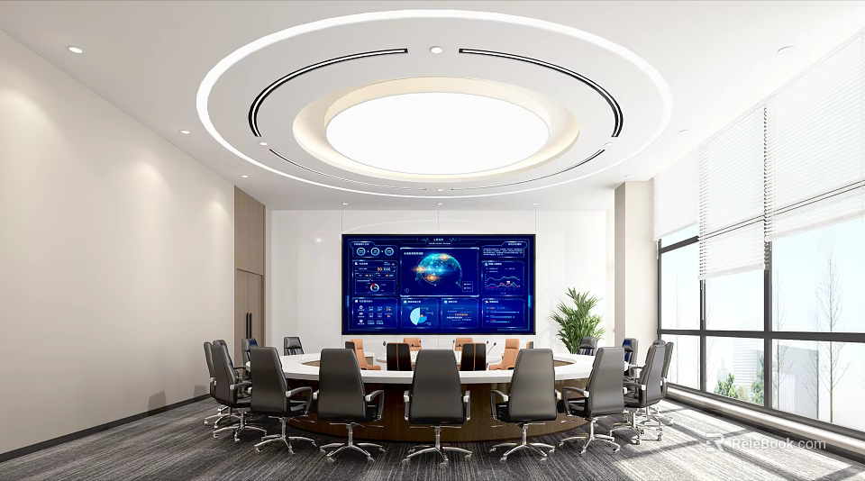 Modern Conference Room with Large Screen Meeting Table Chairs Ceiling Lights Windows and Potted Plant 3d model 