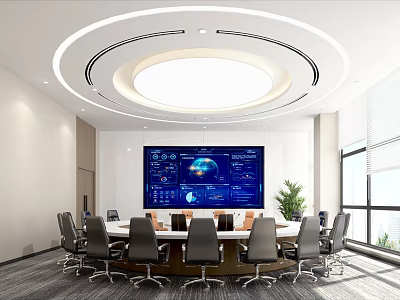 Modern Conference Room with Large Screen Meeting Table Chairs Ceiling Lights Windows and Potted Plant 3d model