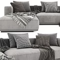 Modern Gray Sectional Sofa With Plush Pillows And Cozy Blankets 3d model