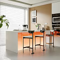 Modern Bar Counter With Bar Stools Coffee Machine Window Blinds And Decorative Paintings